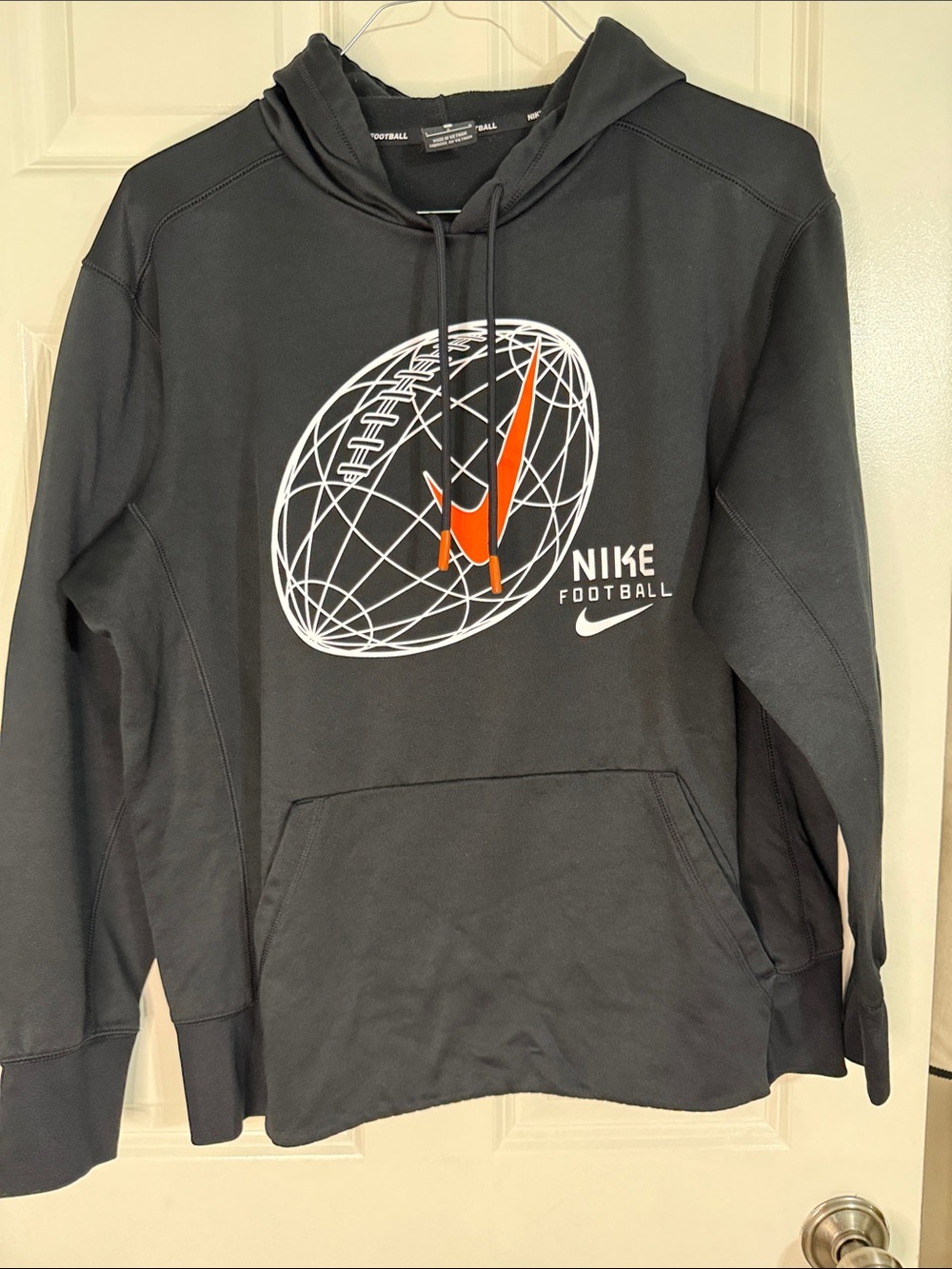 Nike Men's Black Crewneck Hoodie with Orange and White Football Graphic